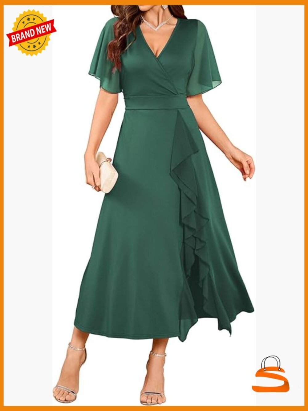 Semi Formal Wedding Guest Dress V Neck Flared Sleeve Wrap Ruffle Split Evening